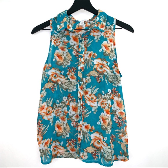 Ambiance Apparel Floral Button Up Tank with Collar - Picture 1 of 7